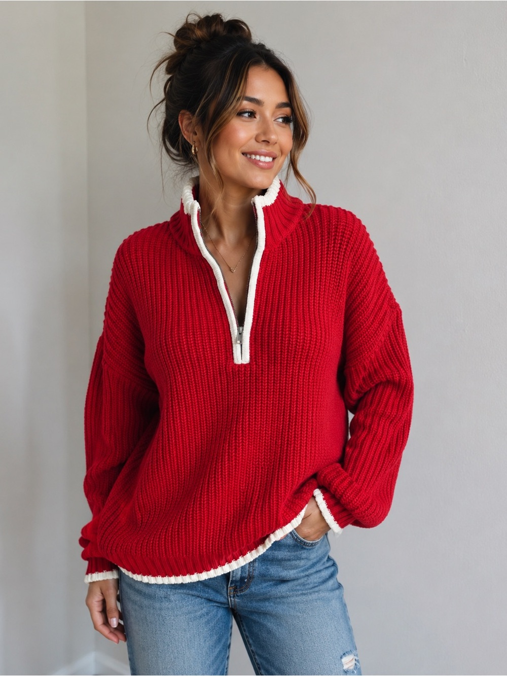 Red Half-Zip Sweater with White Trim